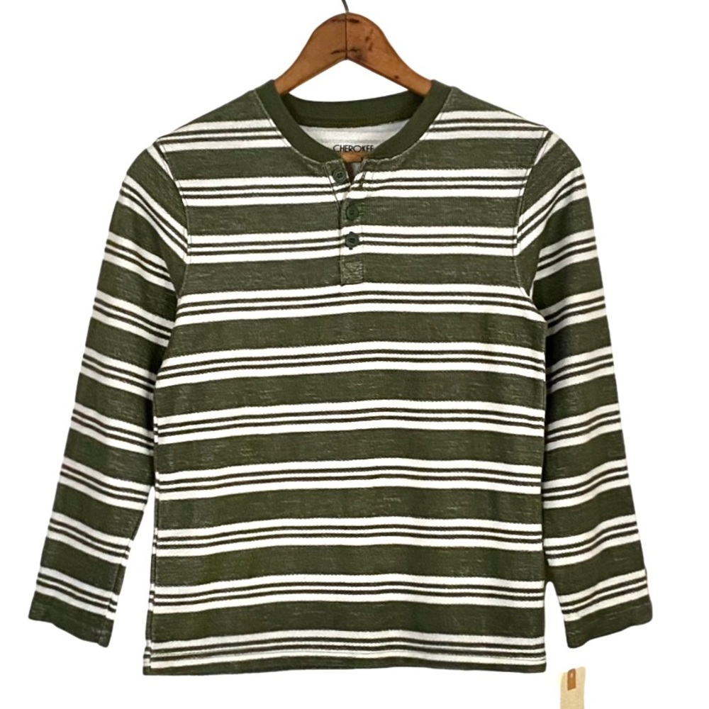 NWT Cherokee Green Stripe Long Sleeve Henley Shirt Knit Pullover NEW Boys S 6/7 - Picture 1 of 15